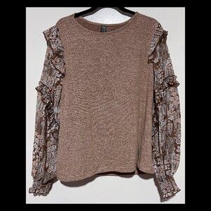 SHEIN Womens Brown Floral Puff Ruffle Long Sleeve Casual Top Size XXL/14 NWOT